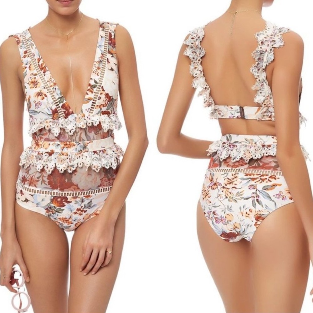 Zimmerman Alchemy Ruffle Lace Floral One Piece Swimsuit